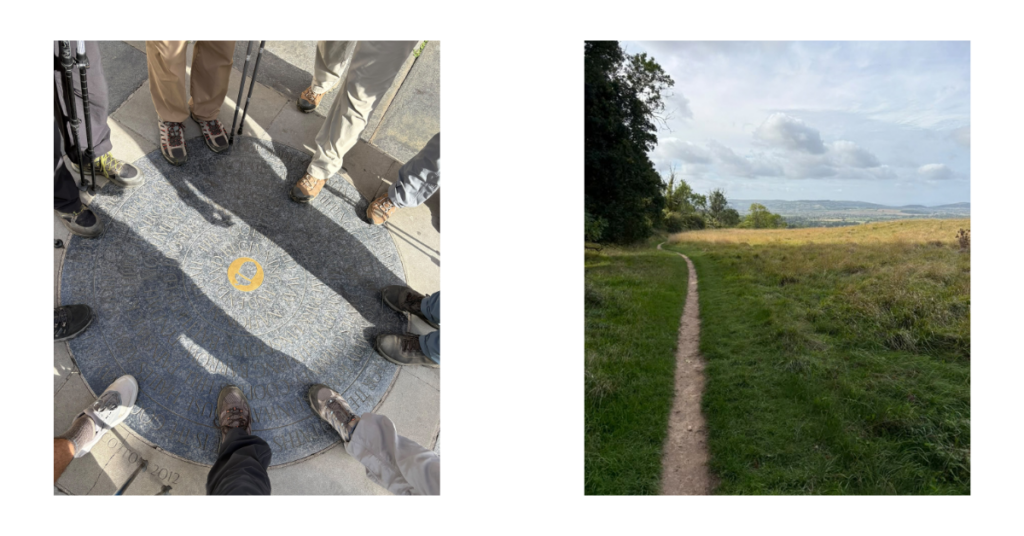 Hikers surrounded a plaque set in the ground in Bath and a long winding trail through the Cotswold Way. 