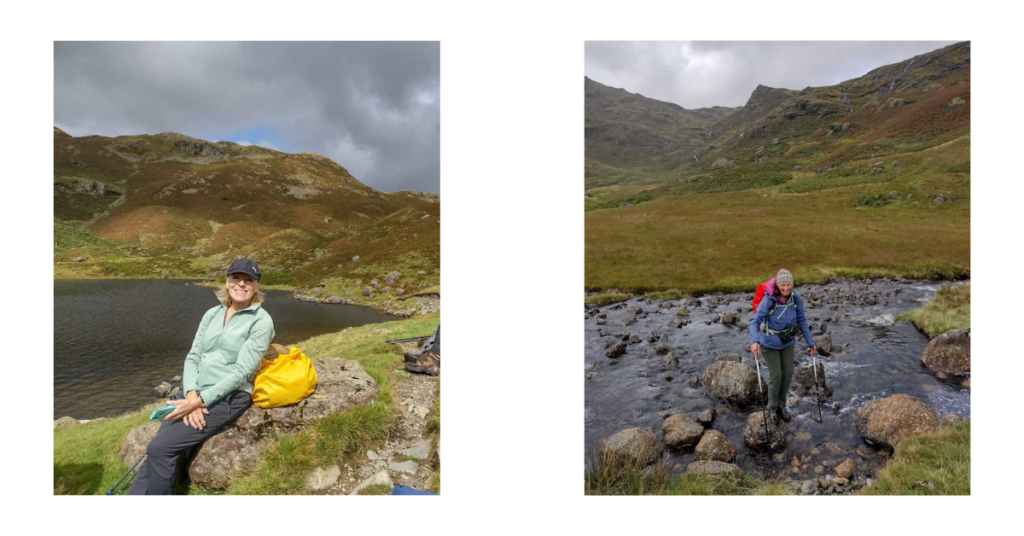 Hiker resting by a picturesque lake and another crossing a clear stream. 