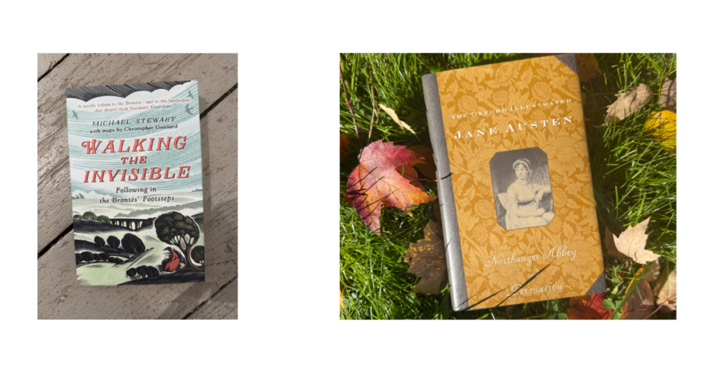 A copy of Walking the Invisible by Micheal Stewart and Jane Austen's Northanger Abbey laying in the grass. 